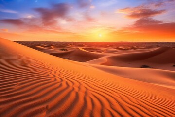 Fototapeta na wymiar Stunning sunset over sandy desert dunes against a beautiful gradient sky. Generative AI