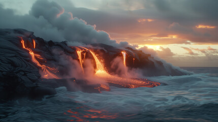 Fiery Sunset at Sea - Majestic Lava Flows Entering Ocean Waters with Steam and New Land Formation, Nature's Powerful Display
