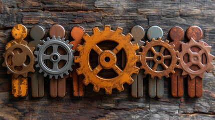 Wooden peg figures and gears on a rustic table symbolize teamwork and mechanics