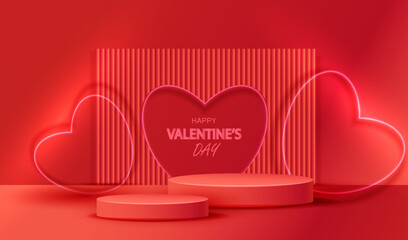 Valentine day background with pink and red realistic cylinder pedestal podiums. Neon light hearts shape on wooden wall. Scene product display. Stage love showcase. - 734030177