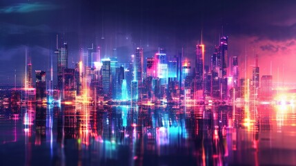 cityscape with space and neon light effect. Modern hi-tech, science, futuristic technology concept. Abstract digital high tech city design for banner background - obrazy, fototapety, plakaty