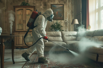 pest control worker in a protective suit sprays insect poison in a living room - obrazy, fototapety, plakaty