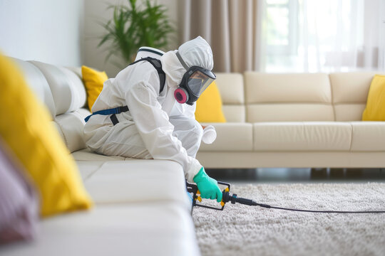 pest control worker in a protective suit sprays insect poison in a living room