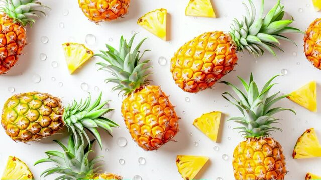 Pattern of Ripe Pineapples and Sliced pineapples with drops of juice against white background. Tropical fruits backdrop. Concept of healthy food, vegan or vegetarian diet, tropical fruits and harvest