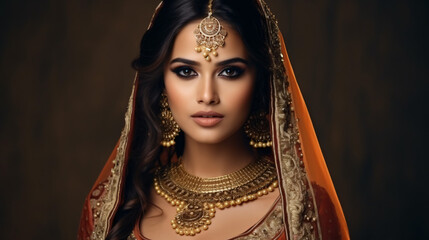 Portrait of an Indian bride wearing traditional attire.