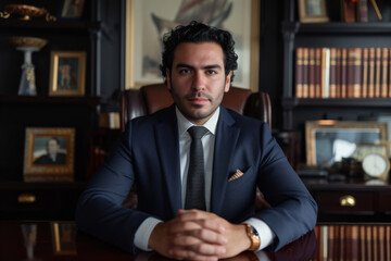 Confident Latino lawyer in suit staring directly at camera with hands clasped atop polished dark wood executive desk.