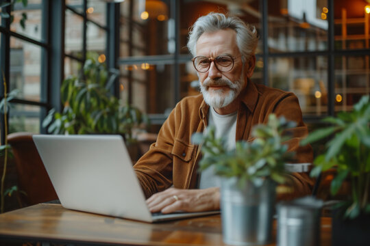 Elderly man with white beard focused on laptop in bright coworking area. Senior professional with copy space. Contemporary workspace and active retirement concept