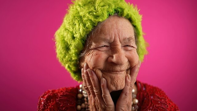 Smiling fisheye portrait caricature of funny elderly woman smiling with green wig or hat and no teeth isolated on pink background. Slow motion