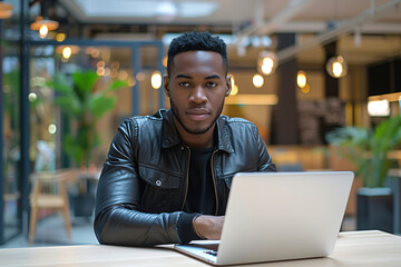 Young man using laptop at coworking desk. Millennial freelancer in urban office space. Youth work culture and diversity concept