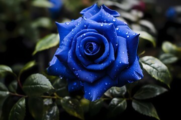 An electric blue rose standing out against a backdrop of green foliage