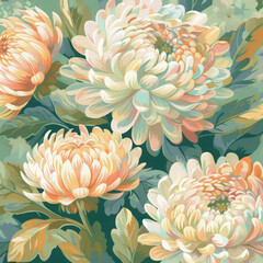 chrysanthemums drawing in shades of cream and pink and soft yellow. floral background, green background, colorful illustration.