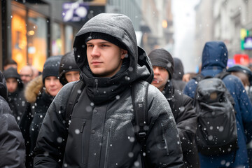 Man in hooded coat braves snowy weather, surrounded by crowd in winter city. Focused individual walks through snowfall, amidst anonymous city dwellers
