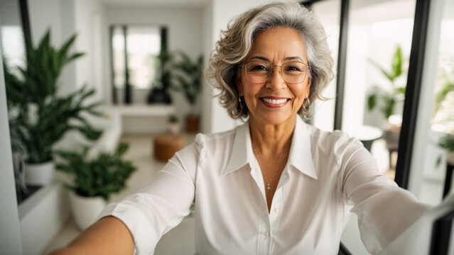 technology, communication and people concept - happy smiling senior woman in glasses taking selfie at home,lifestyle concept