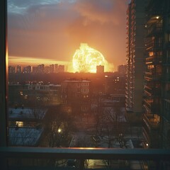 Explosion and fiery destruction in urban areas. View from the window of the landscape after the disaster with destroyed buildings and a cloud of dust. concept: apocalypse, military operations.