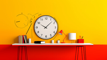 Simple design on analog clock with fresh color wall and stationary - obrazy, fototapety, plakaty
