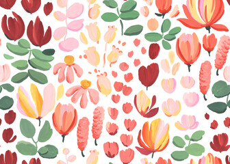 Gouache, floral seamless pattern with abstract green leaves, red, pink and yellow flowers. Isolated illustration of colorful design elements for textile, wallpapers or decorative background.