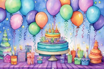 Vibrant birthday illustration with watercolor details. Playful, cheerful, colorful, and realistic. Generative AI