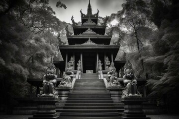 Peaceful temple with individual; monochrome photo. Generative AI