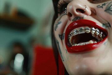 Tattooed woman with silver dental and red lipstick - obrazy, fototapety, plakaty