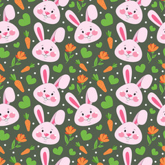 seamless pattern with rabbits, flowers and hearts, cute Easter design for covers, textile design, banners.