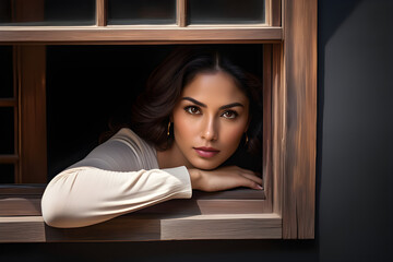 latina woman peeking from behind a half-opened vintage window, her gaze directed towards the viewer - obrazy, fototapety, plakaty