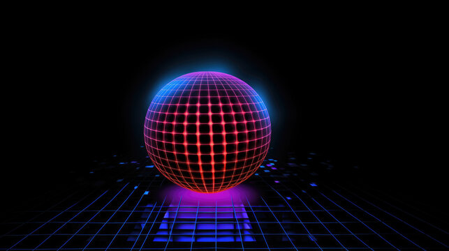 Vibrant pink and blue neon grid sphere glowing on black background