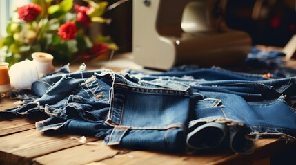 Old jeans upcycling idea. Crafting with denim, recycling old clothers, hobby, diy activity. Sustainable, zero waste lifestyle concept
