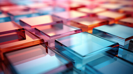 3D abstract background of reflective blue and pink glass cubes with copy space