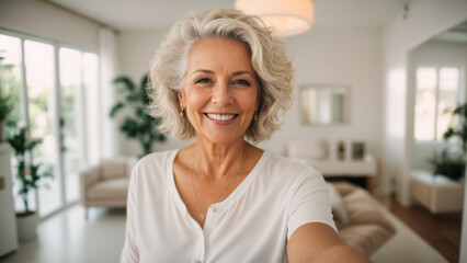 technology, communication and people concept - happy smiling senior woman in glasses taking selfie at home