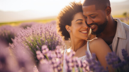 Young Interracial Couple Enjoying Sunshine in Summer Lavender Field copy space