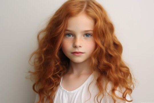 Portrait of a beautiful red-haired girl with long curly hair.