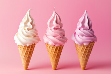 Soft-serve ice cream cones on a pink pastel background