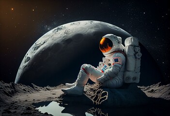 astronaut in the lotus position meditates on the moon, the concept of a conscious spiritual person created by artificial intelligence, art. Generative AI - obrazy, fototapety, plakaty