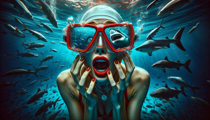 A stunned woman in a swimming cap and goggles underwater, surrounded by fish and sharks, her expression one of surprise and fear.Shark danger concept. AI generated. - obrazy, fototapety, plakaty