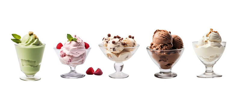 Set of different ice-cream in glass cup,such as matcha,strawberry,vanilla,chocolate and choc chips isolated on transparent background for dessert concept.