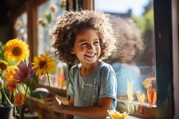 Fototapeta premium Kid painting rainbow during at home. ai generated