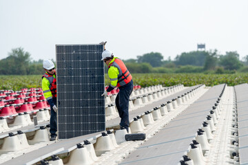 Front view of professional technician workers stand and hold solar cell panel to check and...