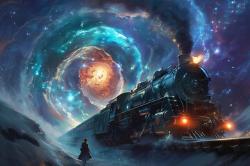 world where trains and warp portals create a tapestry of interstellar exploration and timeless connections - obrazy, fototapety, plakaty