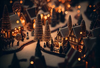 The Christmas tree village is a festive wonderland of glittering lights and sparkling ornaments. The trees are decorated with care, each one unique in its own way. The villagers are. Generative AI - obrazy, fototapety, plakaty