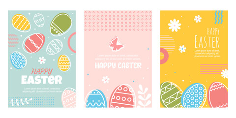 Fototapeta na wymiar Set Easter backgrounds. Spring pattern for banners, posters, cover design templates with Easter eggs, spring flowers, geometric elements. Happy Easter. Floral backgrounds with copy space for text