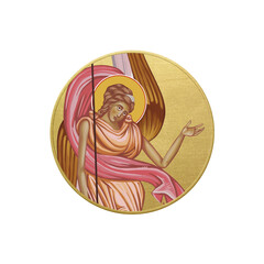 Obraz na płótnie Canvas Orthodox traditional image of archangel. Golden christian medallion in Byzantine style on white background
