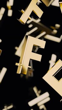 Vertical Floating Gold franc Symbol Spinning on a Black Background