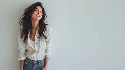 Asian woman wear white shirt smile laugh out loud isolated on grey