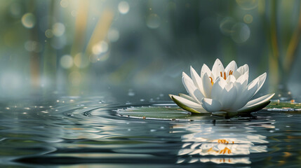 Beautiful white lotus floating on the water for peaceful and meditation concept. - obrazy, fototapety, plakaty