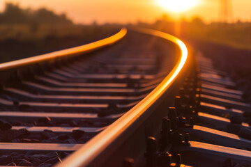 railway rails go into the distance around the bend against the backdrop of a beautiful sunset