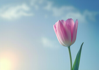 Pink Tulip Against Cloudy Sky, A delicate pink tulip blooms solo against a backdrop of a soft blue sky with wispy clouds, portraying a tranquil spring day.