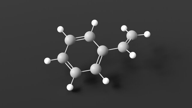 styrene molecular structure, precursor polystyrene, ball and stick 3d model, structural chemical formula with colored atoms