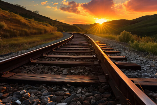 railway rails go into the distance around the bend against the backdrop of a beautiful sunset