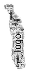 Black and white word cloud in Togo shape. Simple typography style country illustration. Plain Togo black text cloud on white background. Vector illustration.
