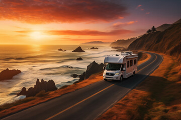 white camper vans moving along the highway along the seashore at sunset, family travel concept